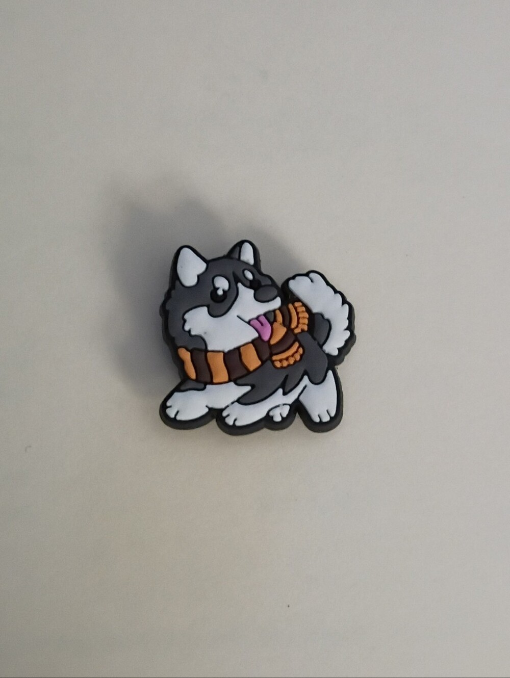 10 for $10 Jibbitz Croc Charm - Grey Husky Wearing Orange & Brown Scarf 2 Animal